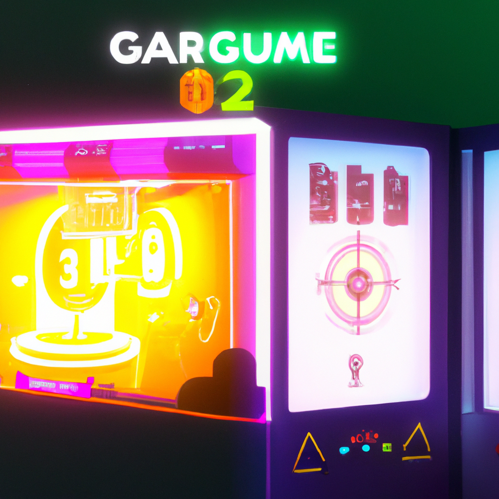 Stylized arcade scene: neon cabinet, avatars, and HUD overlays